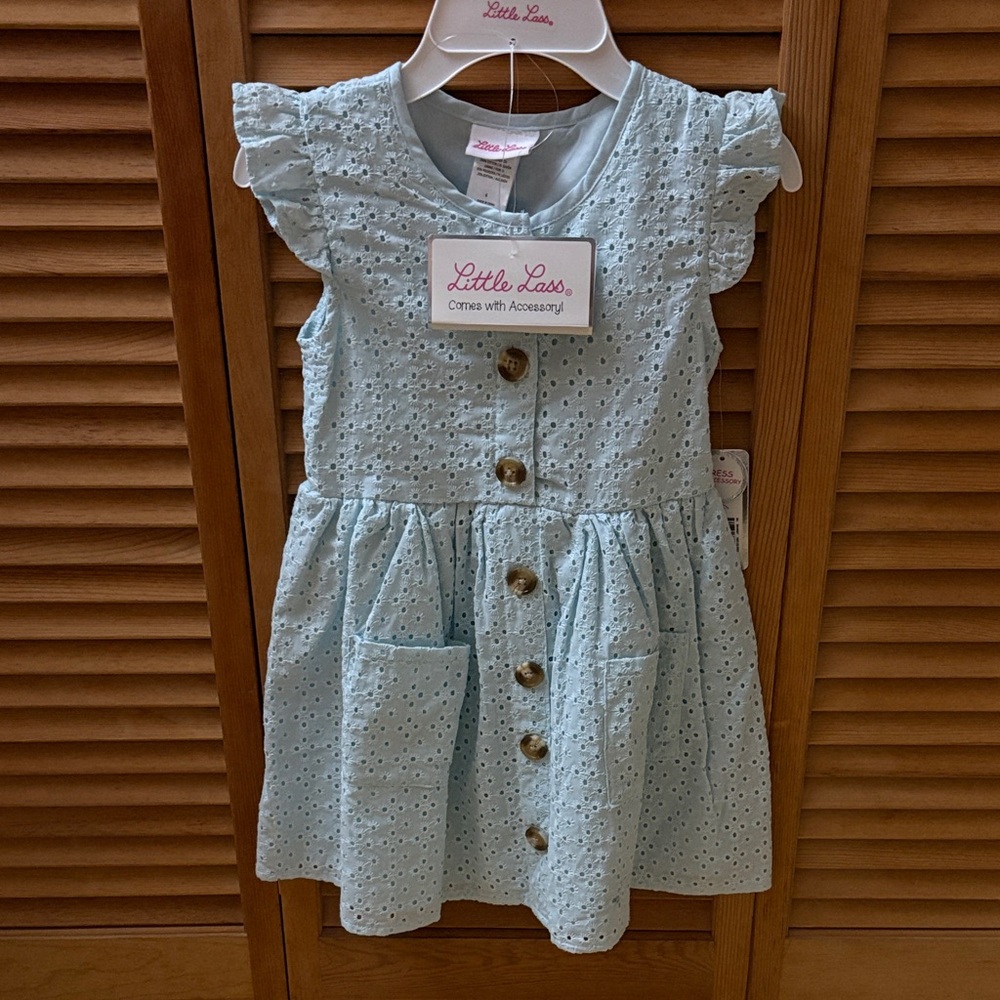 Little Lass Light Blue Eyelet Dress with Buttons